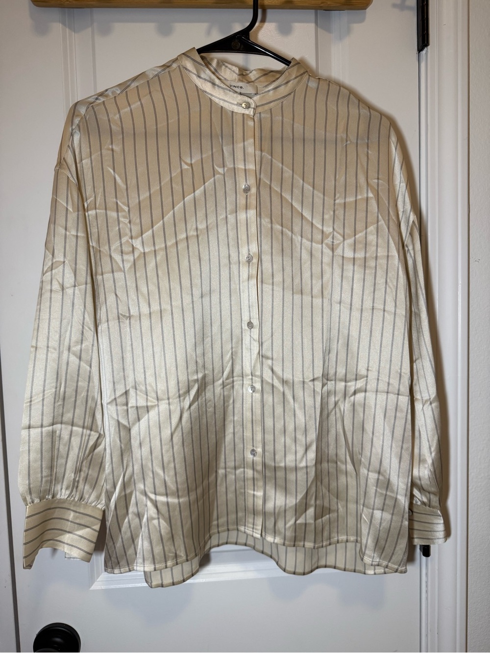 Vince | 100% Silk Women’s Cream Button-Up Shirt Gray Stripes | Size XS
